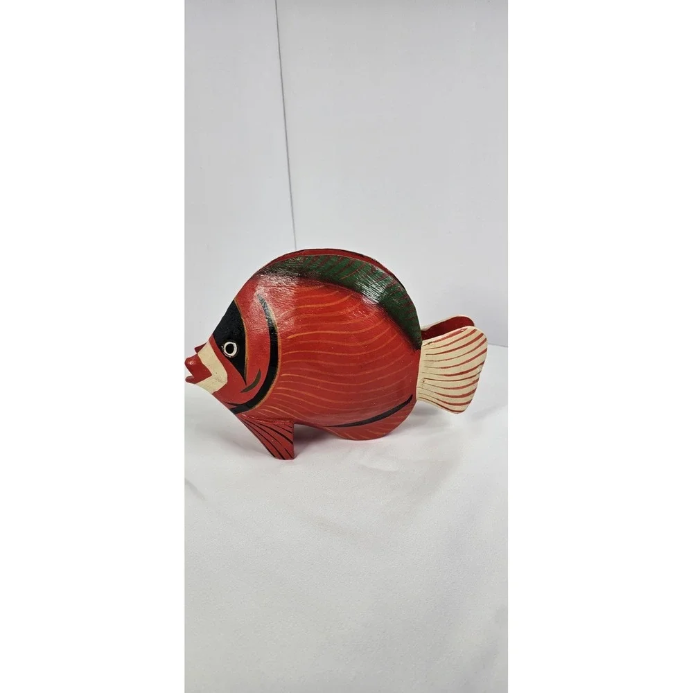 Hand Carved Wooden Fish Napkin‎ Holder Colorful Tropical Folk Art Kitchen Decor